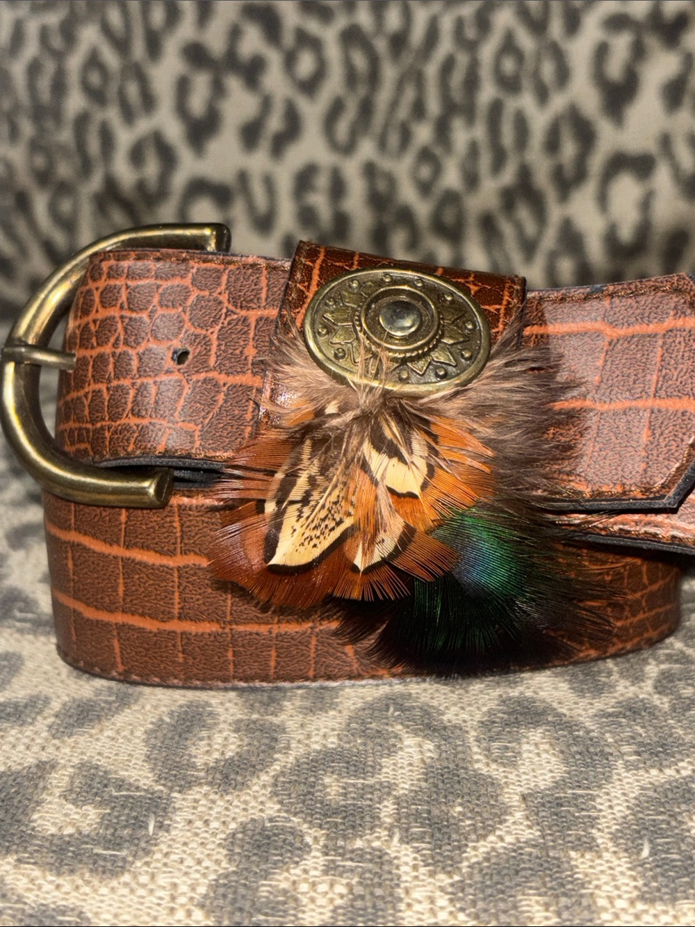 Croc embossed peacock feather faux leather belt brass tone buckle concho belt 30